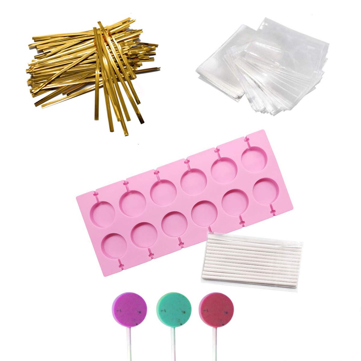 AKINGSHOP molde silicona chupetes redondos 12 cavidades, dulces fáciles de desmoldar.
