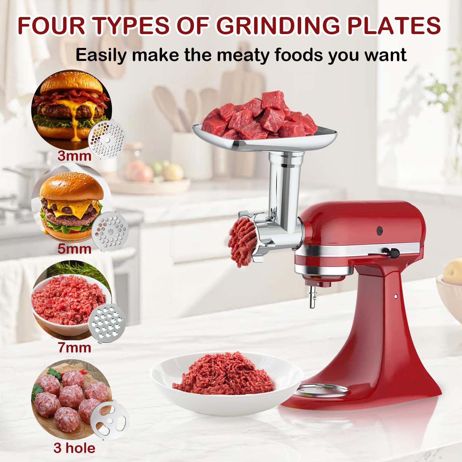 Akiosk accesorios de corte y rallado para KitchenAid con texturas variadas.