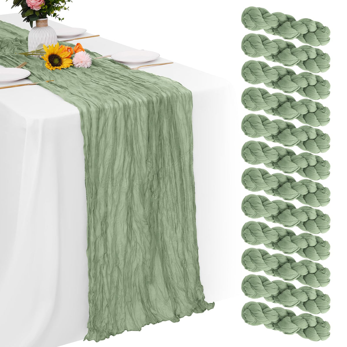 Aktor camino de mesa verde salvia, vista de mesa elegante lista para la cena