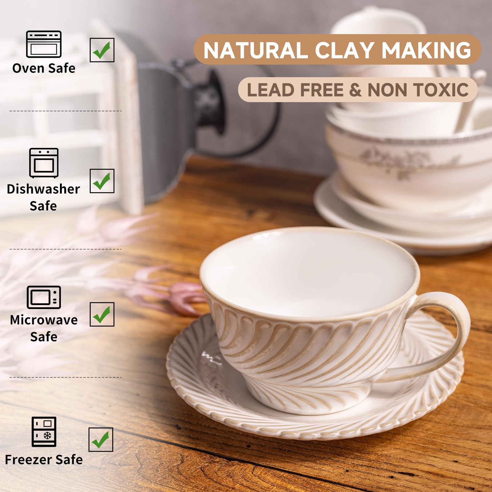 Alarrar Detalle floral embossado en taza, toque clásico para té o café.