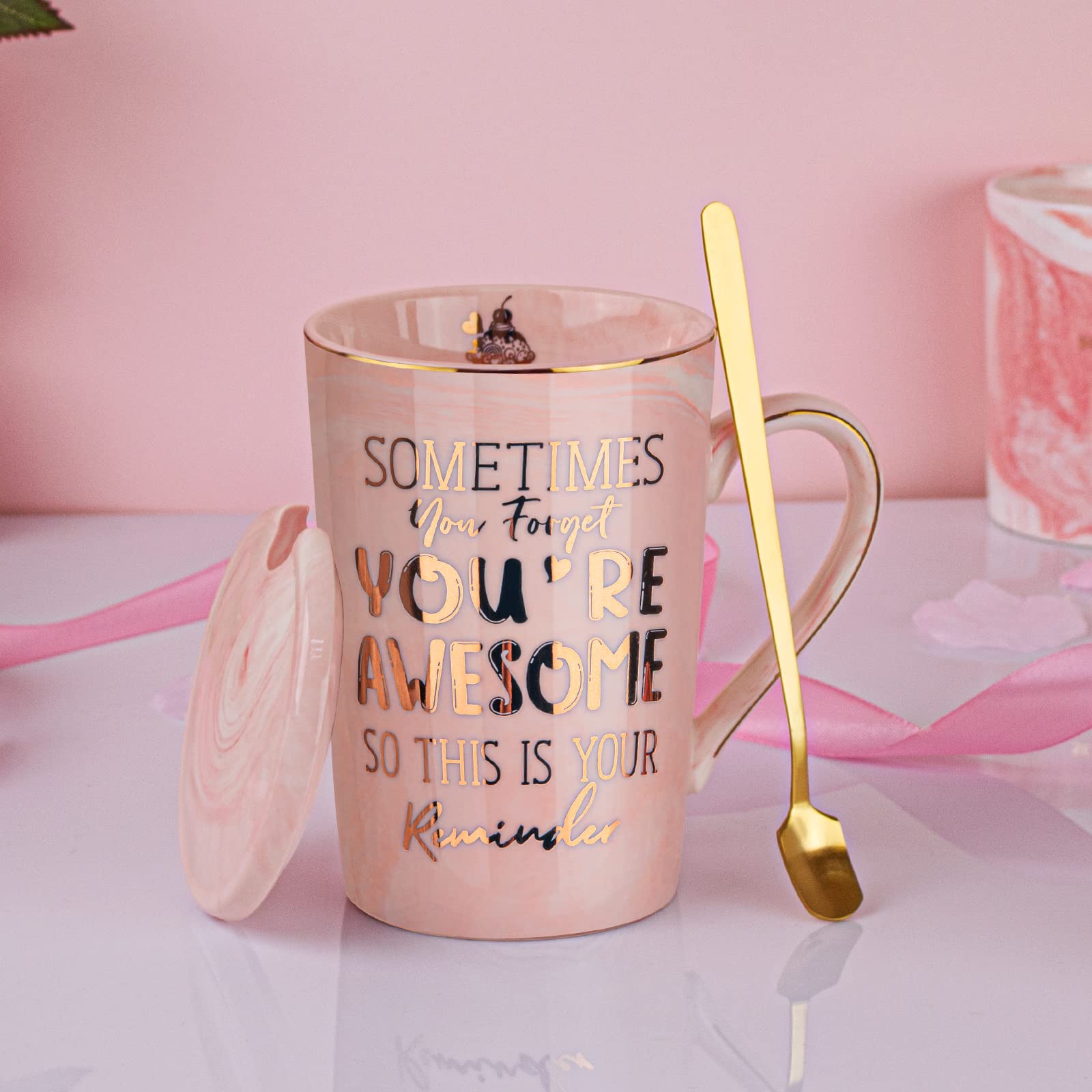 Taza ALBISS en caja regalo rosa mármol dorado, lista para regalar