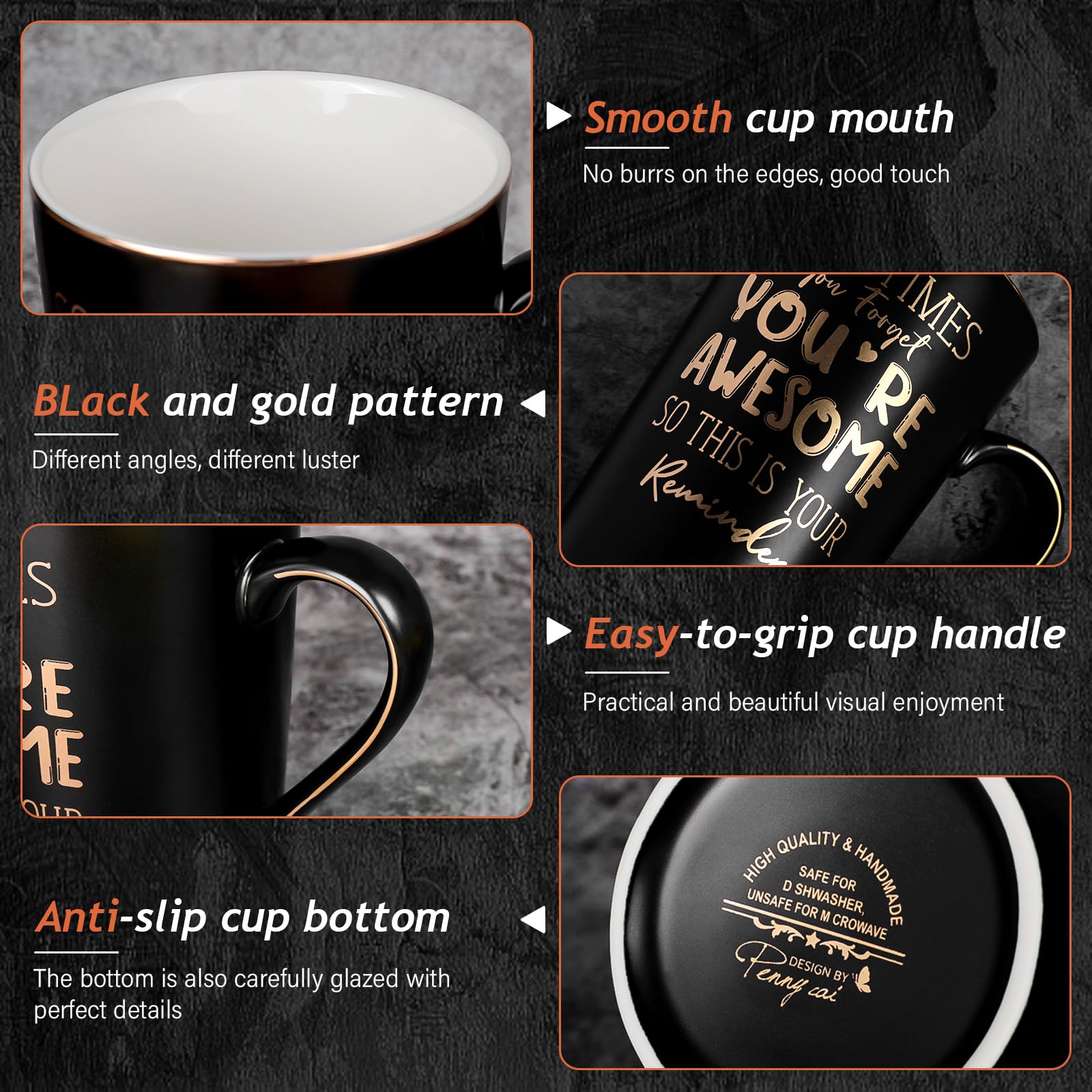 ALBISS Taza inspiracional marmol negro; perfecta para café, té o chocolate caliente