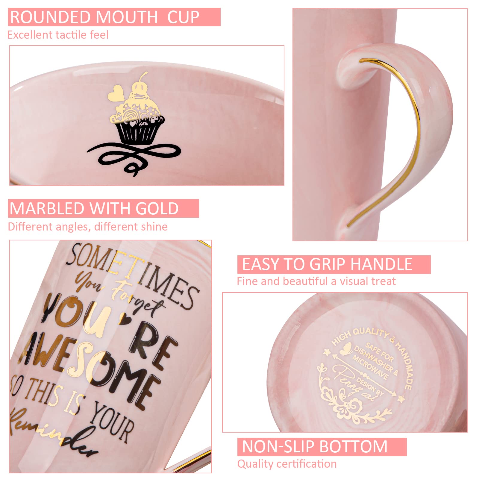 Taza ALBISS uso diario para café o té, diseño rosa mármol dorado