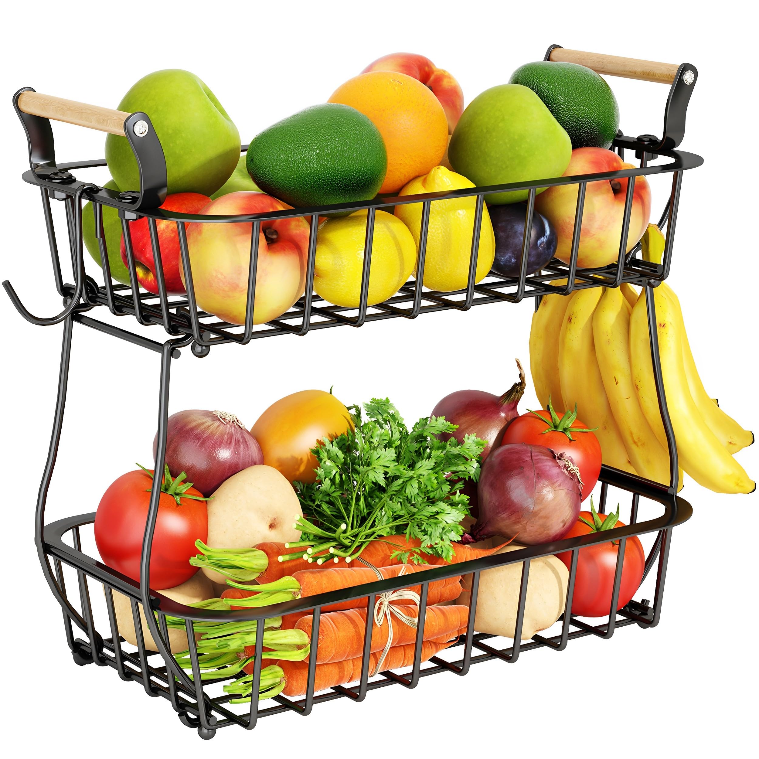 Alebew bandeja 2 niveles en encimera con colgadores para plátanos mantiene frutas frescas