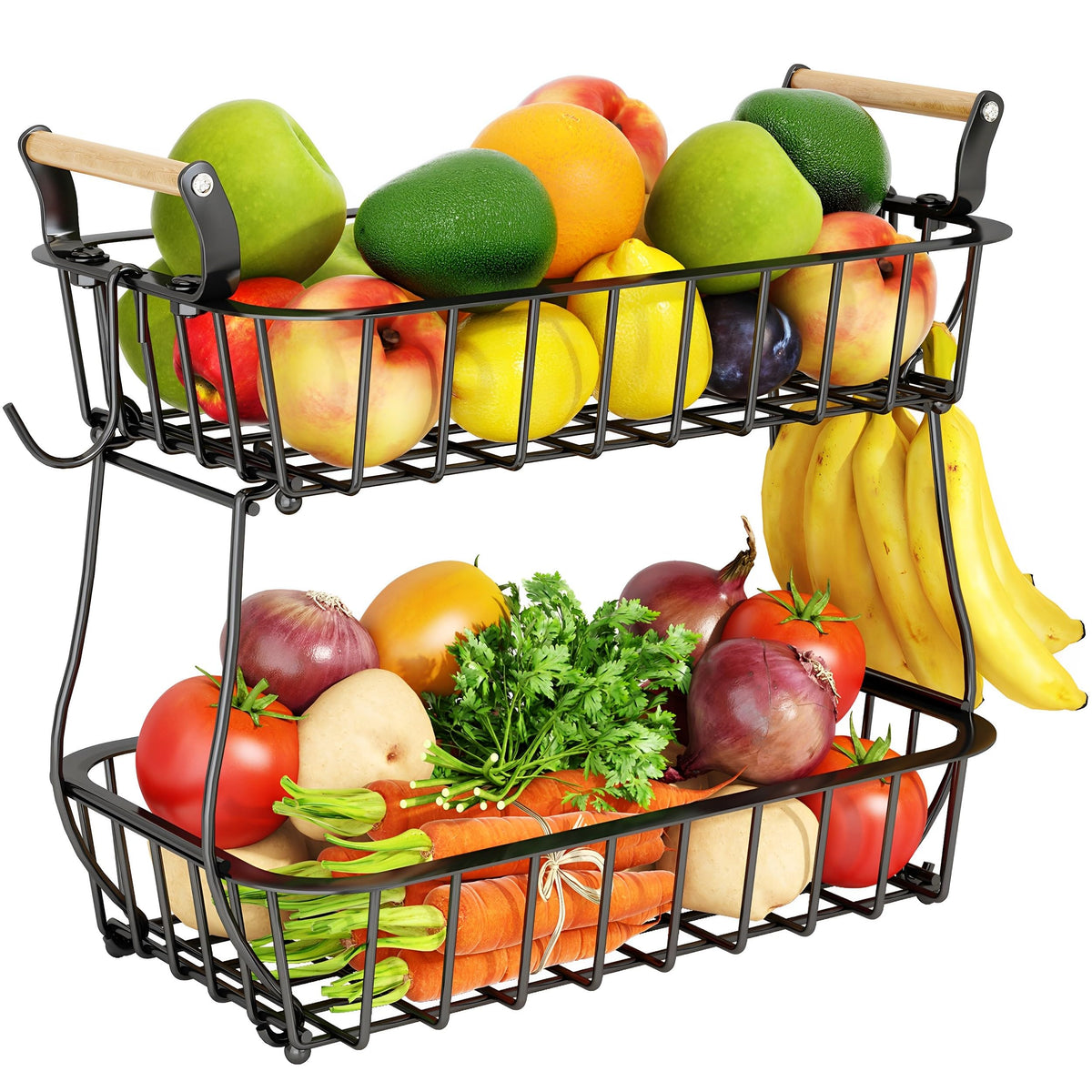 Alebew bandeja 2 niveles en encimera con colgadores para plátanos mantiene frutas frescas