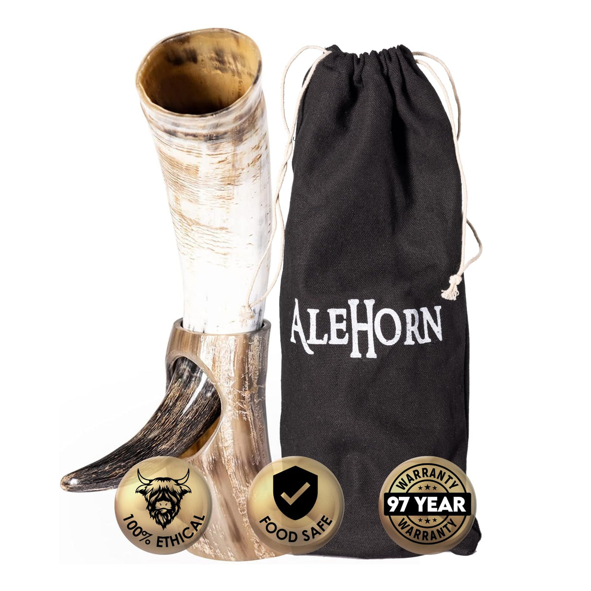 AleHorn cuerno vikingo con base de madera, ideal para decoración en el bar.