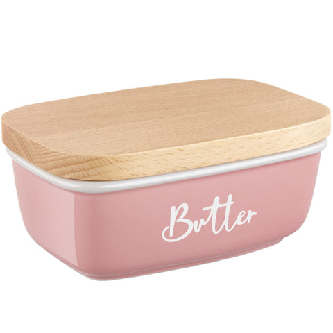 alelion mantequera ceramica rosa con tapa de haya, base estable para encimera.