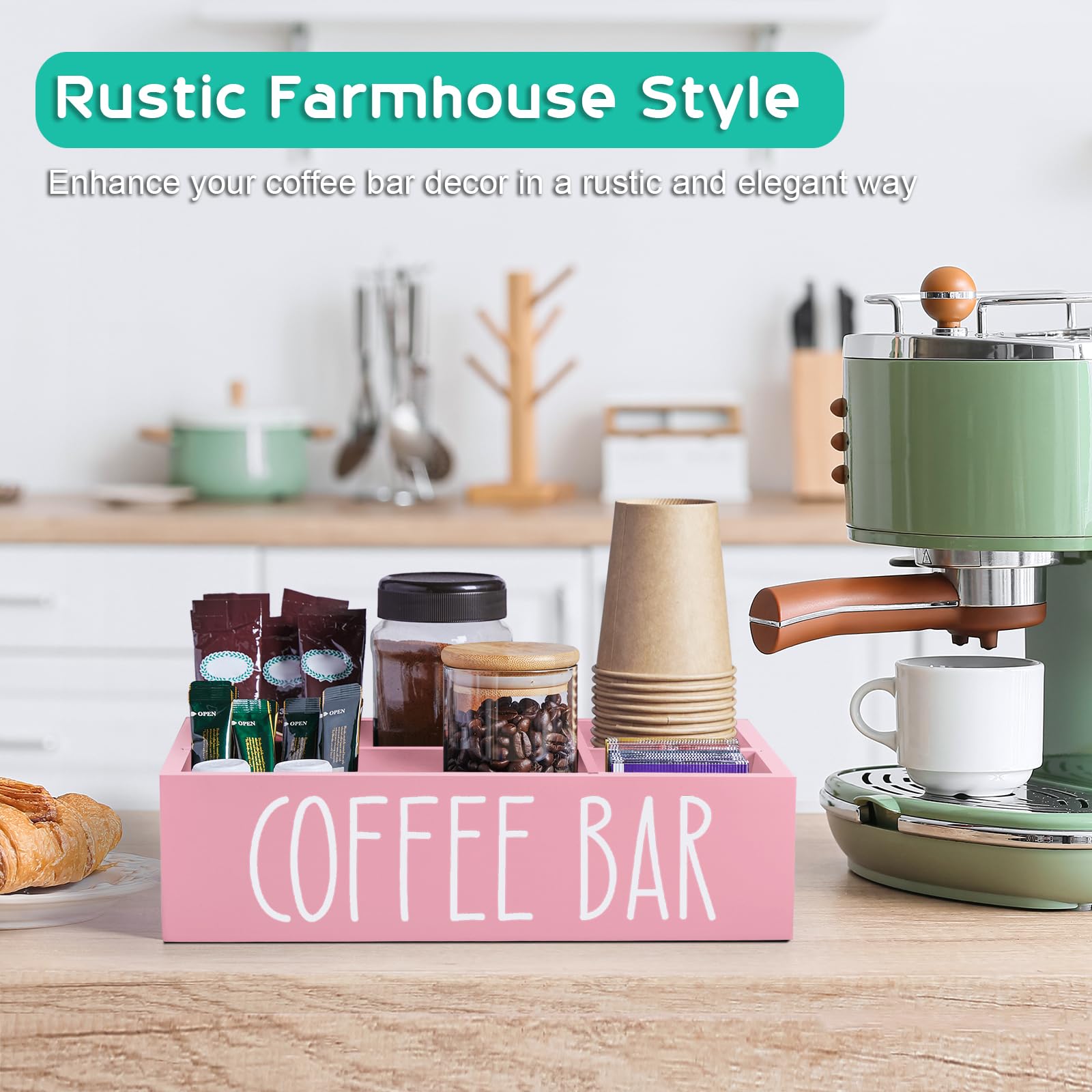 ALELION organizador de barra de café rosa añade estilo práctico en cualquier mostrador.