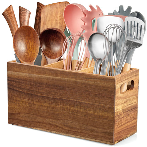 AleIion porta-utensilios de madera de acacia con tres compartimentos para ordenar utensilios de cocina.
