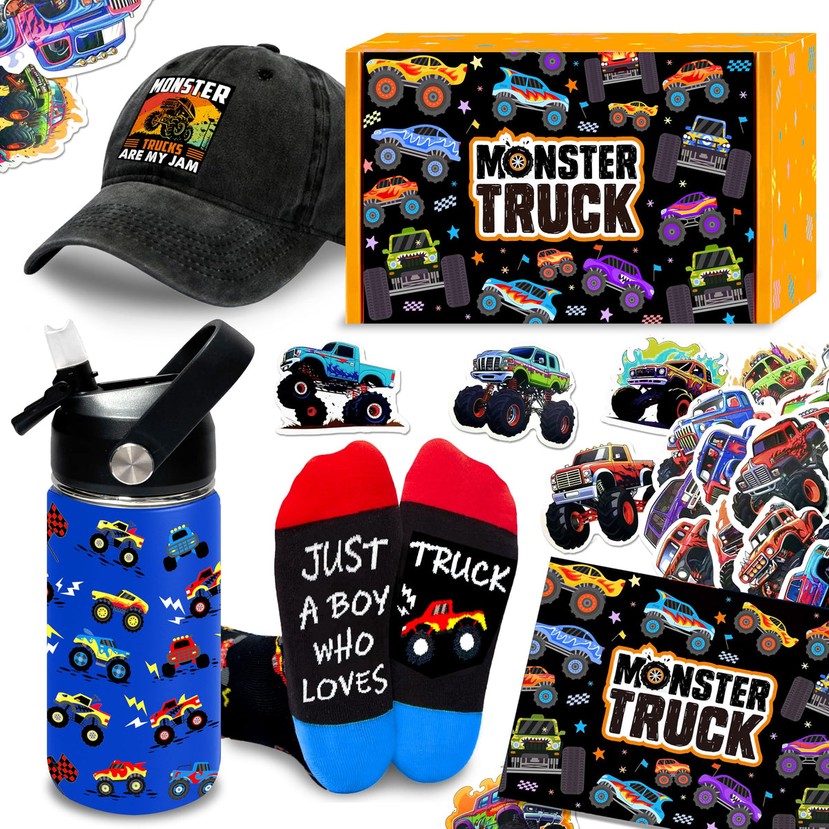 Botella 12 onzas Aleture Monster Trucks; duradera para llevar bebidas.