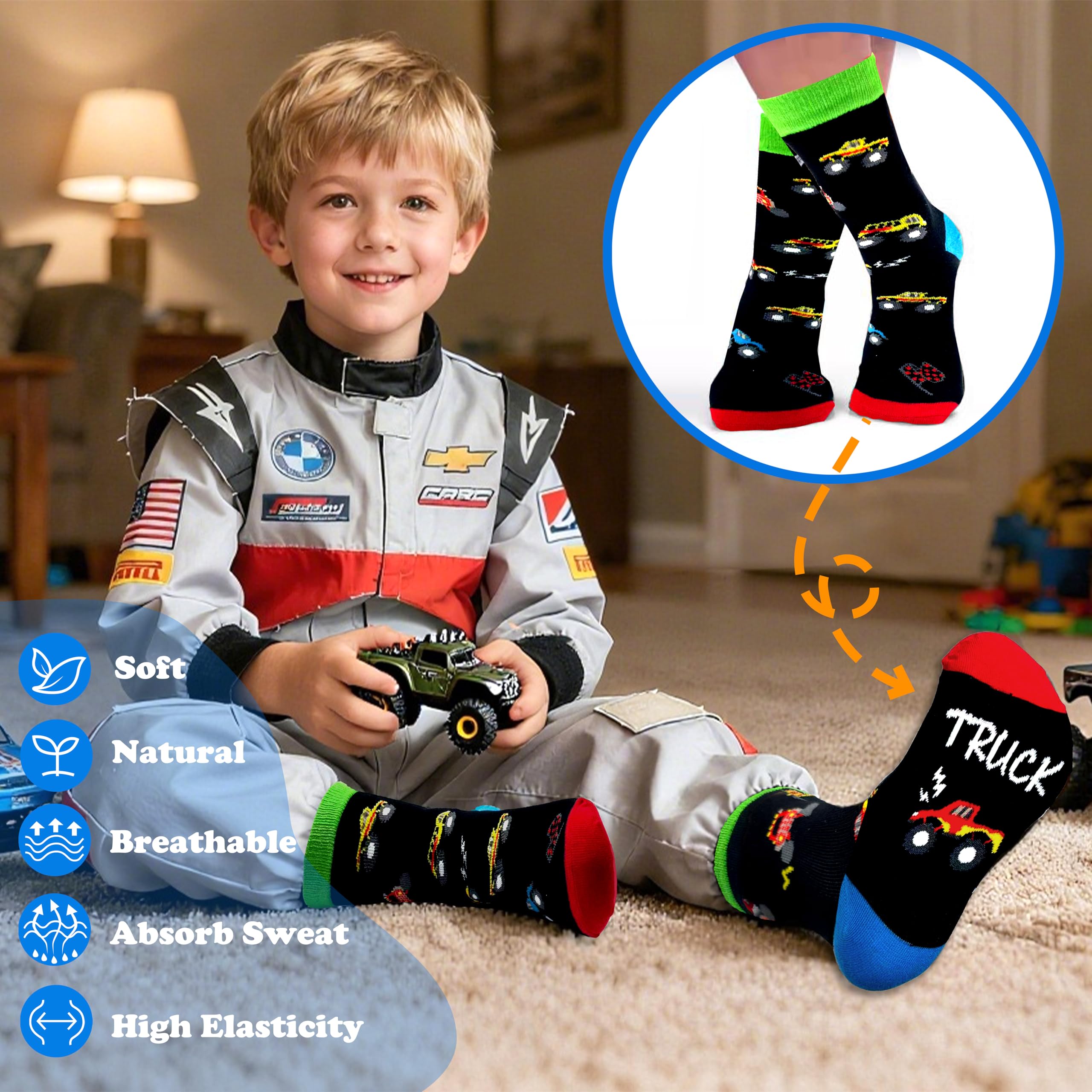 Calcetines gamer Aleture Monster Trucks; ajuste cómodo para uso diario.