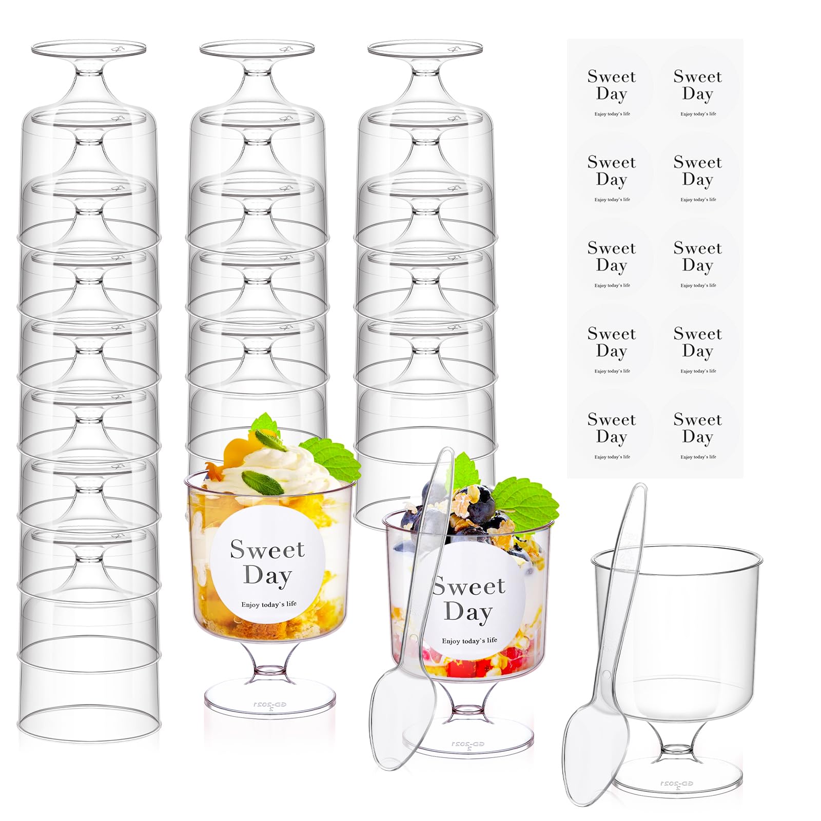 Copas de postre transparentes ALEXPRE con cucharas, resaltan capas para degustaciones elegantes.