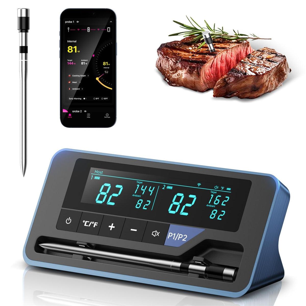 Alfolive termómetro de carnes, base inalámbrica para monitorizar cocción desde la cocina.