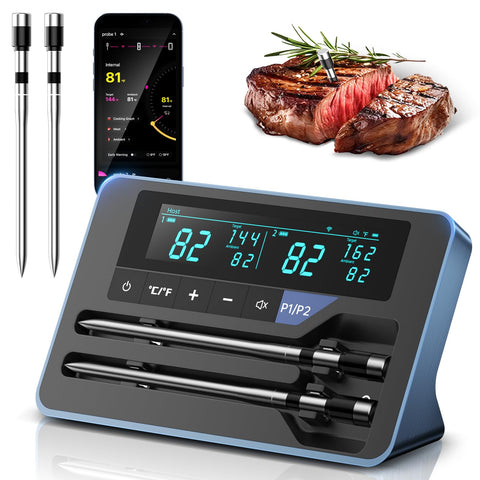 Termómetro de carne Alfolive con 2 sondas para parrilla y monitoreo remoto.