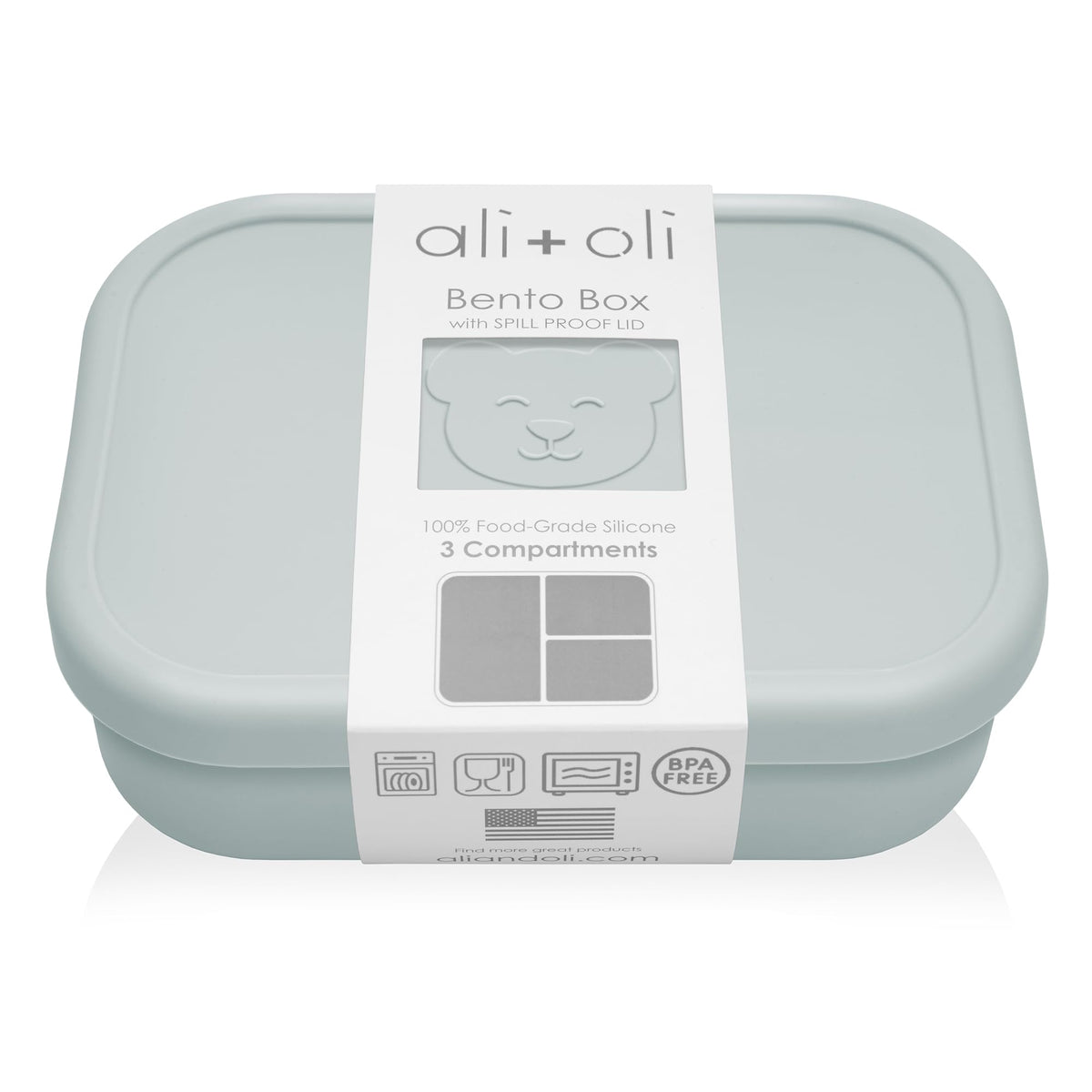 Ali+Oli Bento silicona azul, vista frontal, ideal para almuerzos escolares.