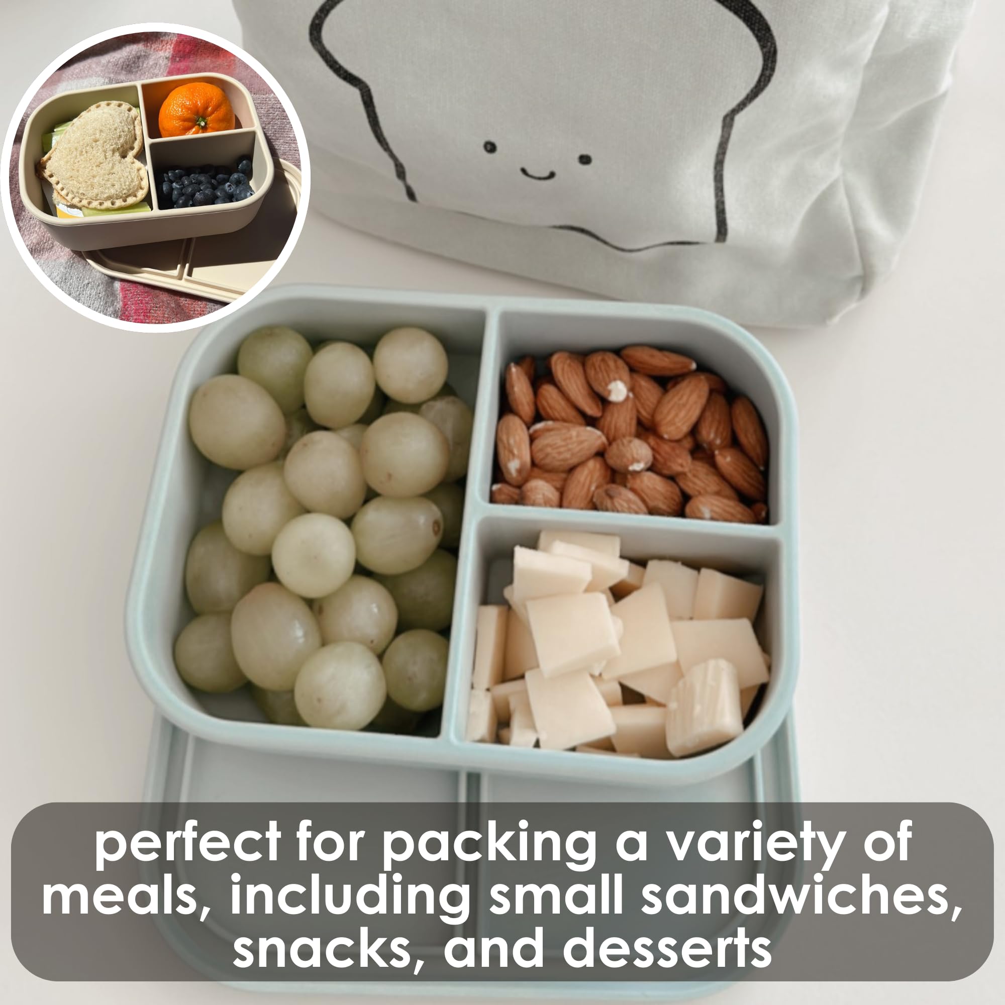 Ali+Oli Bento silicona azul, para niños, merienda escolar portátil.
