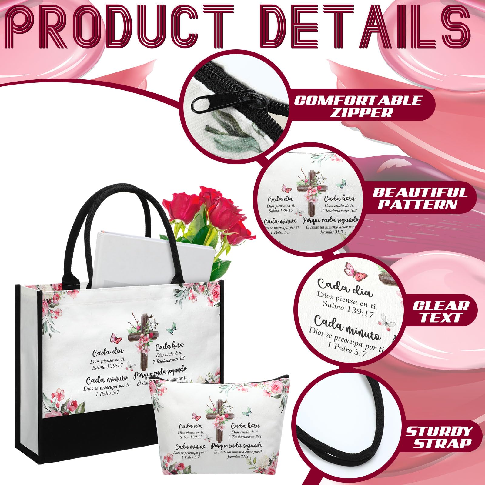 Aliceset uso diario, bolsa tote y neceser combinan estilo y fe.