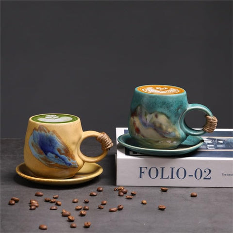 Alikexin taza cerámica japonesa con platillo, diseño único para capuchino