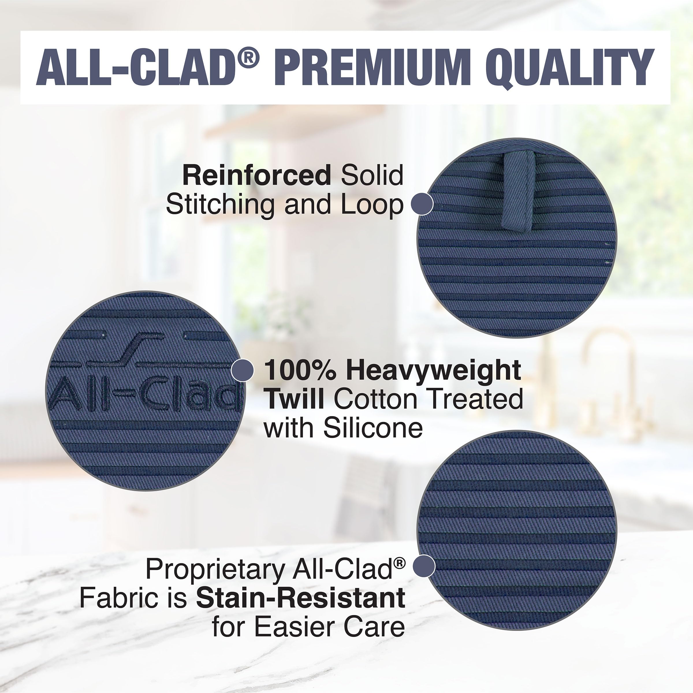 All-Clad Indigo, lazo de colgar para almacenamiento práctico.