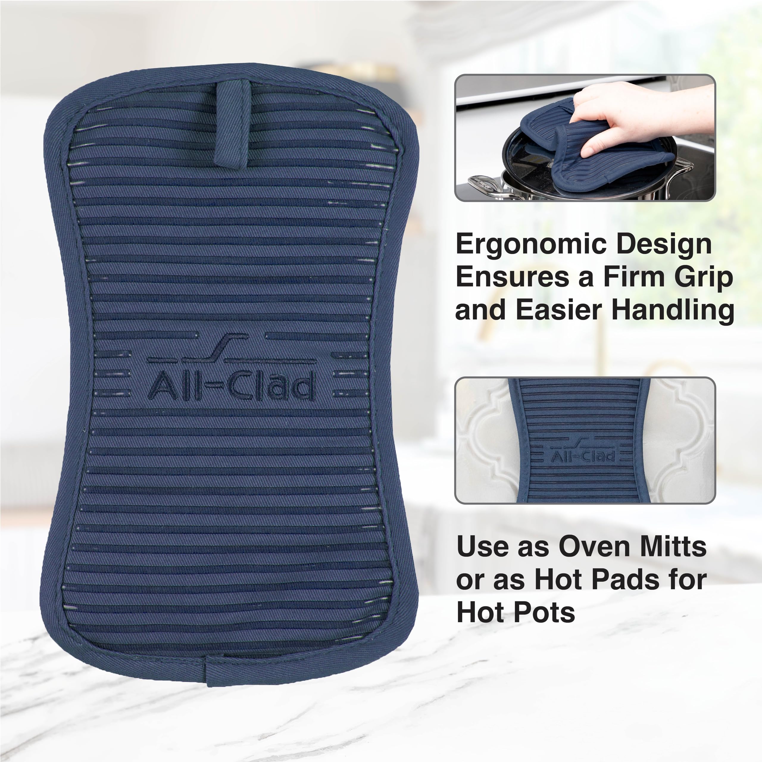 All-Clad Indigo, tejido de algodón de peso pesado con silicona para durabilidad.