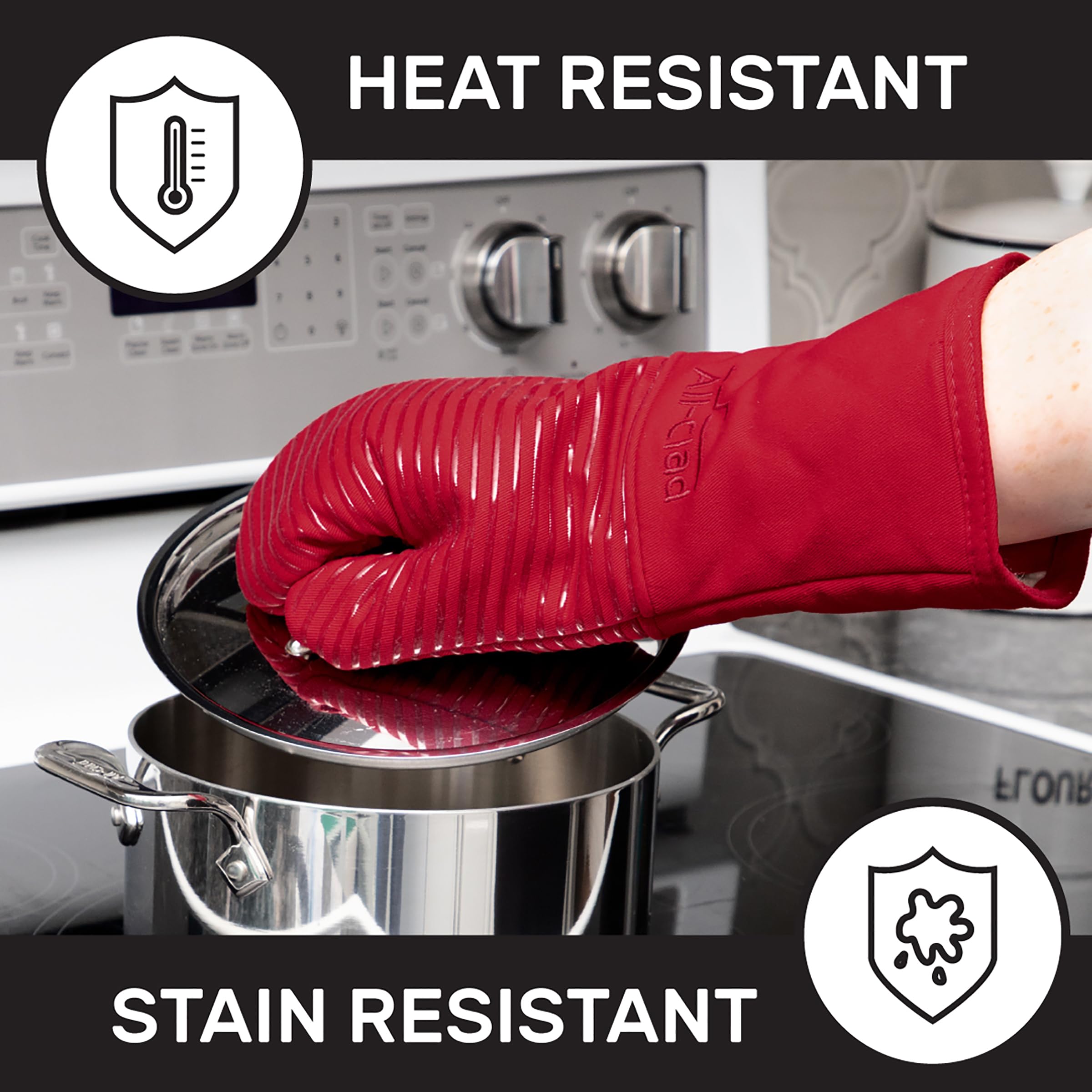 All-Clad manoplas silicona diseño colorido para cocinar con estilo.