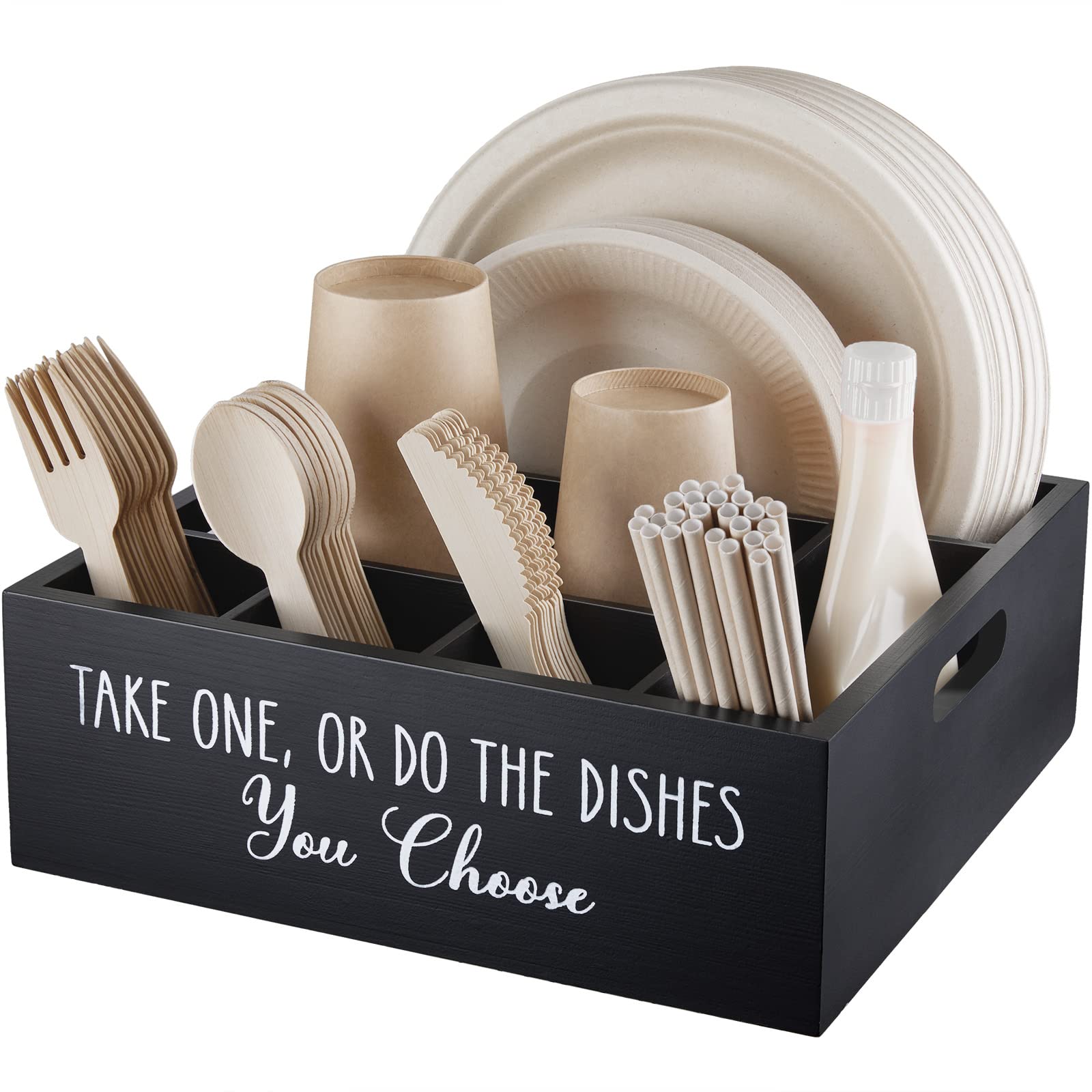Allelion dispensador de platos de papel en mostrador, ideal para fiestas.