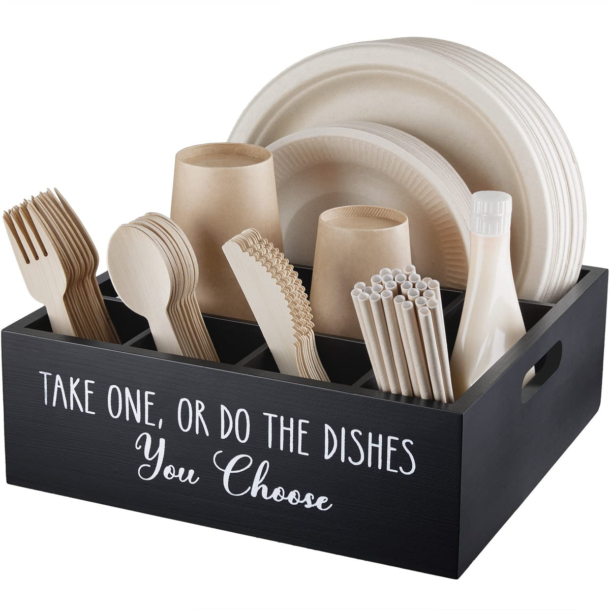 Allelion dispensador de platos de papel en mostrador, ideal para fiestas.