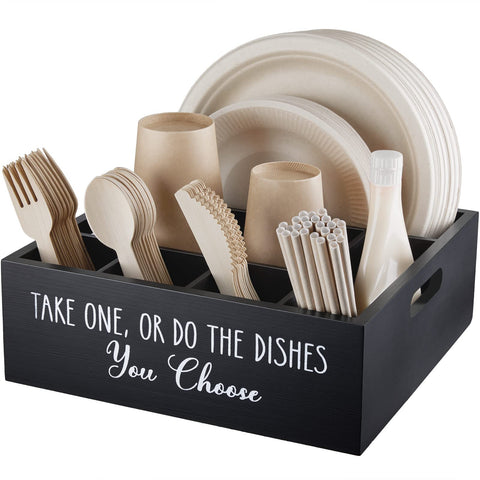 Allelion dispensador de platos de papel en mostrador, ideal para fiestas.