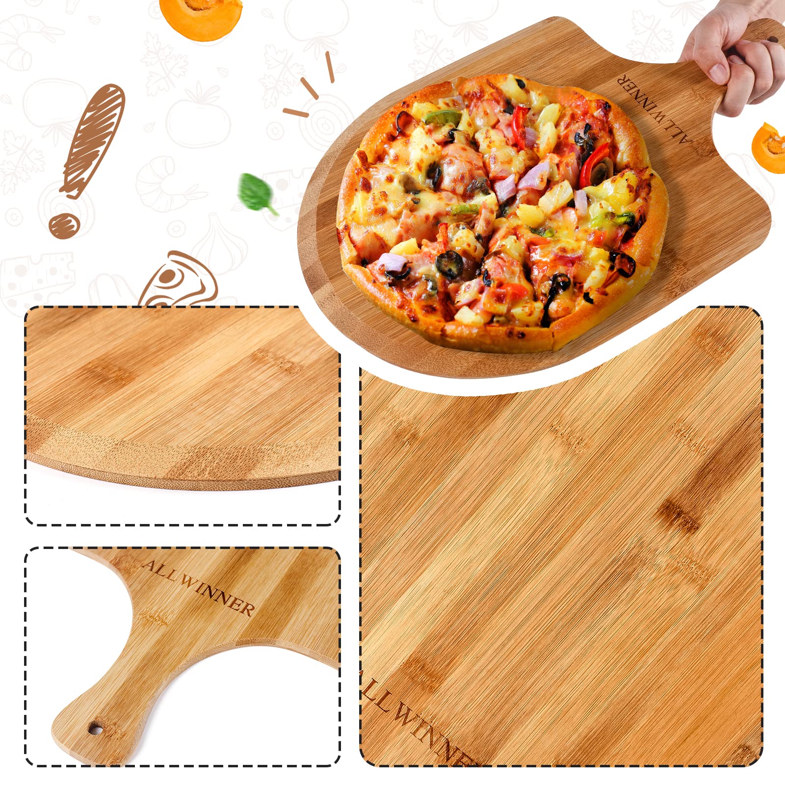 ALLWINNER pala de pizza bambú natural para uso diario, duradera y anti-olor.