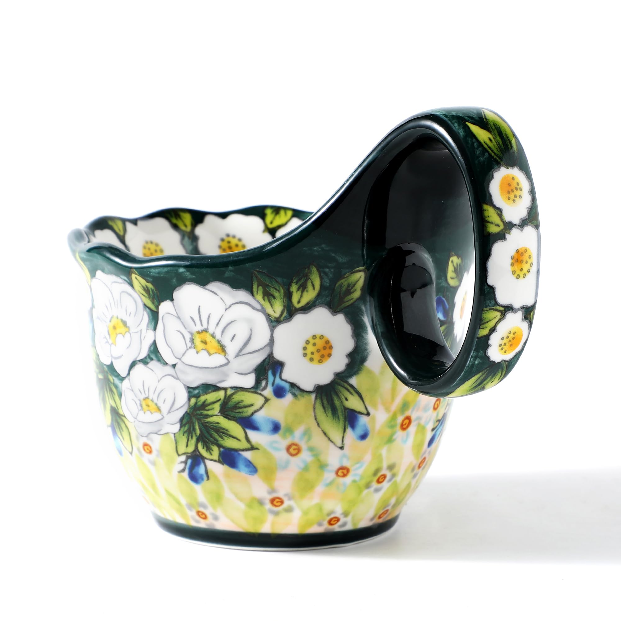 tazón ALMA con diseño floral verde y jazmín en la mesa