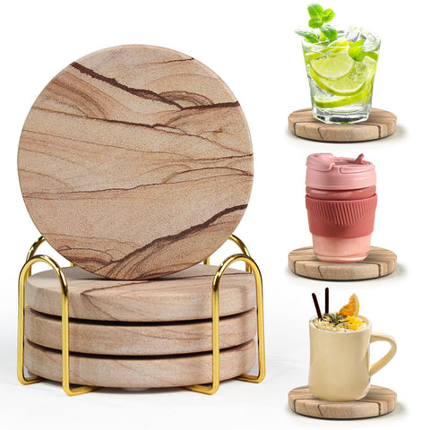 Almagic posavasos piedra arenisca conjunto 4 con soporte, protección elegante para la mesa.