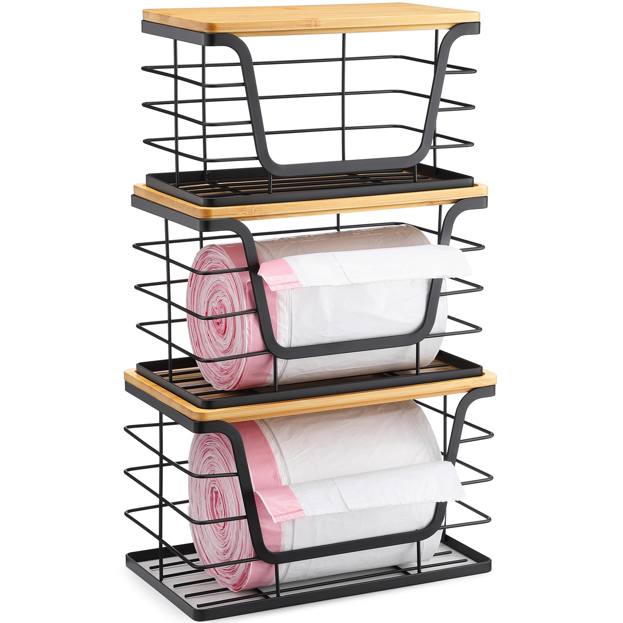ALOCEO dispensador de bolsas de basura apilable con tapa de bambú para cocina ordenada.