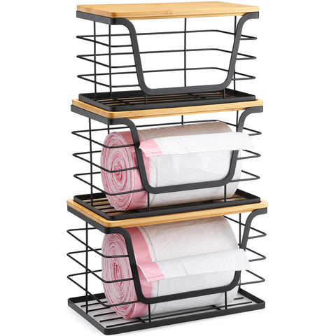 ALOCEO dispensador de bolsas de basura apilable con tapa de bambú para cocina ordenada.