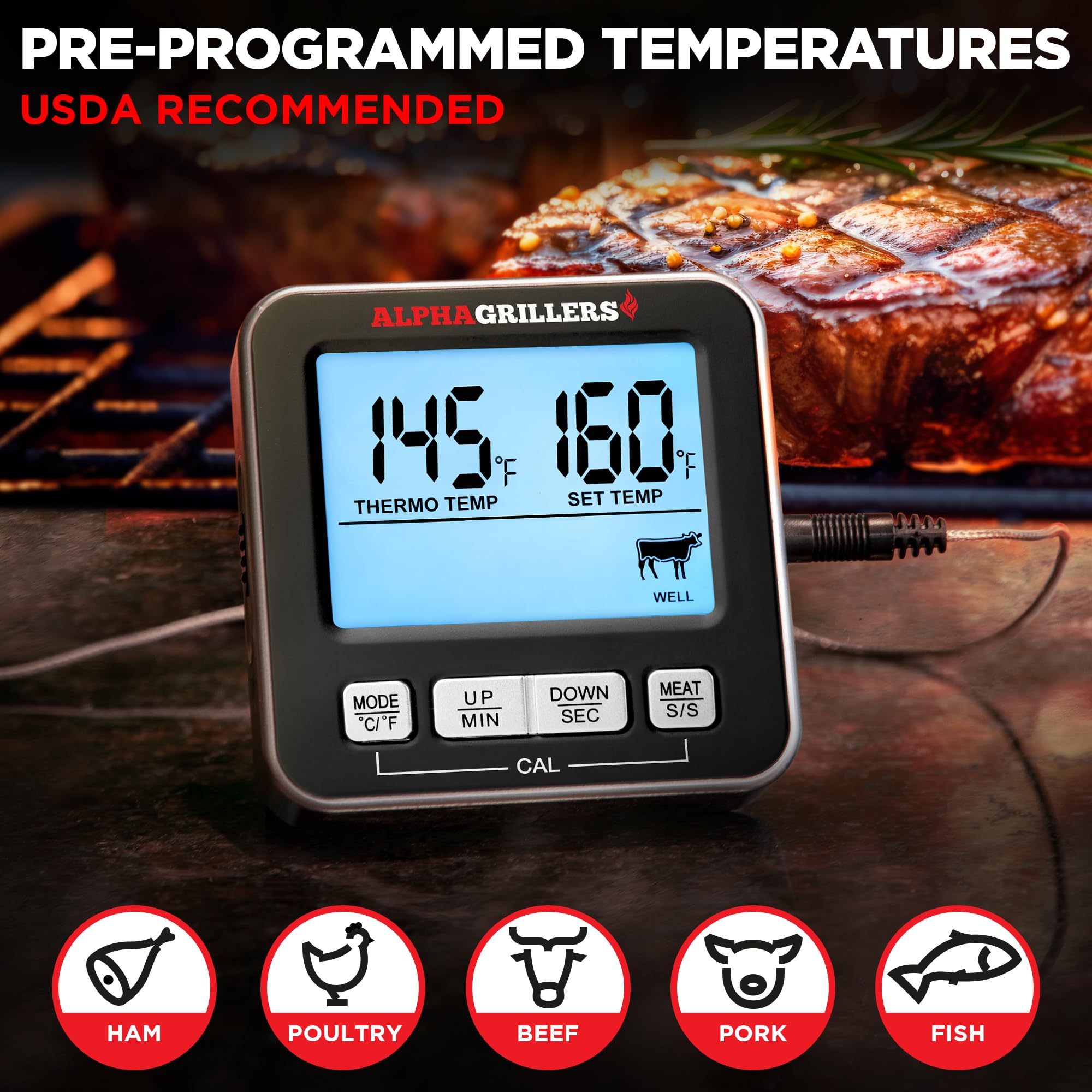 Termómetro Alpha Grillers con 7 temperaturas USDA para carnes
