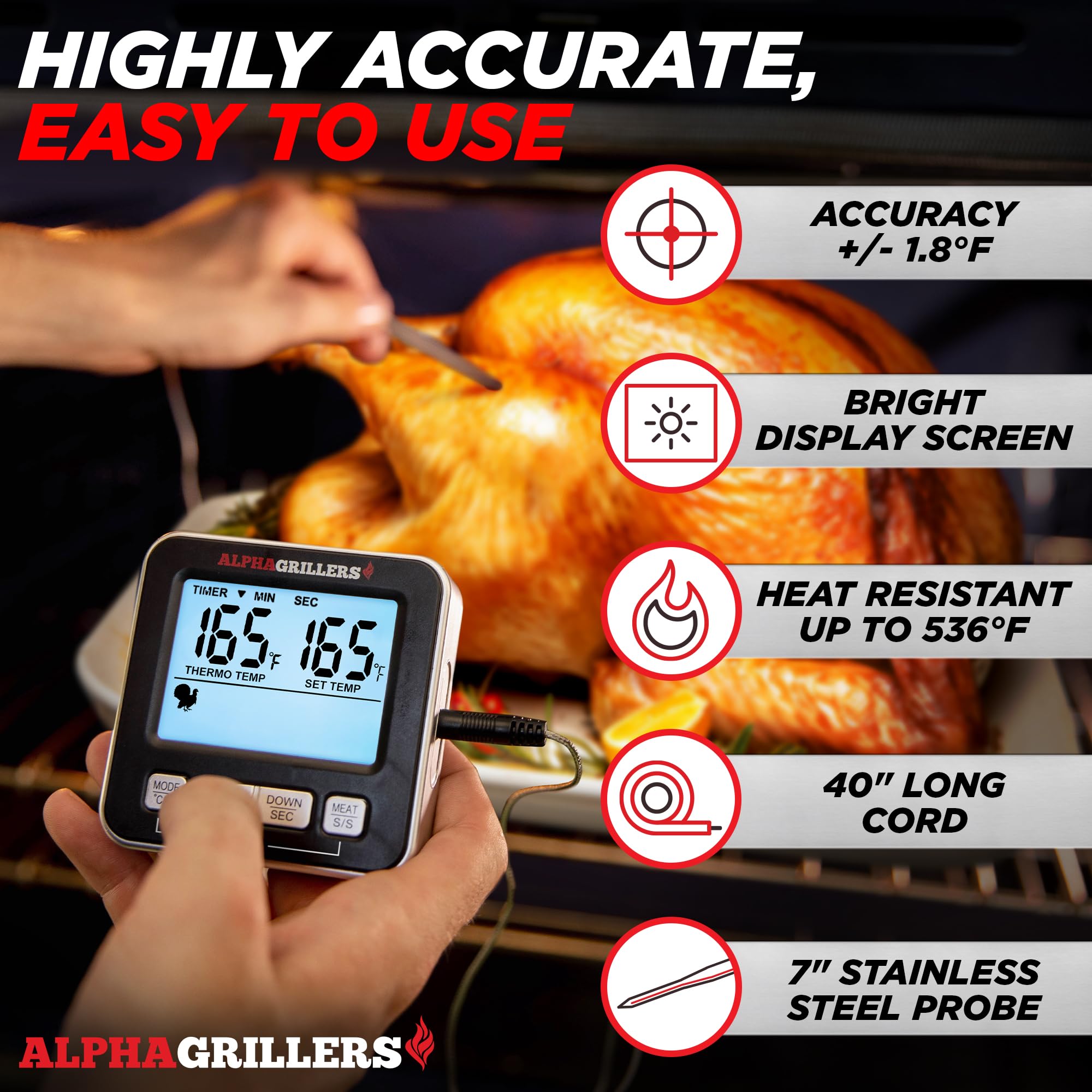 Termómetro Alpha Grillers con sonda de acero inoxidable para uso en horno seguro