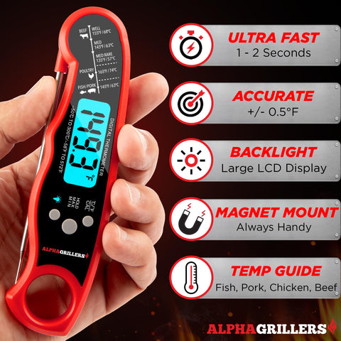 Alpha Grillers termómetro digital con pantalla azul, lectura clara en la cocina.
