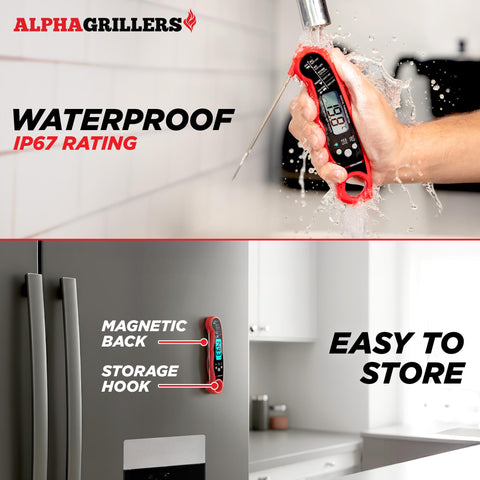 Termómetro Alpha Grillers resistente al agua IP67, fácil limpieza bajo el grifo.