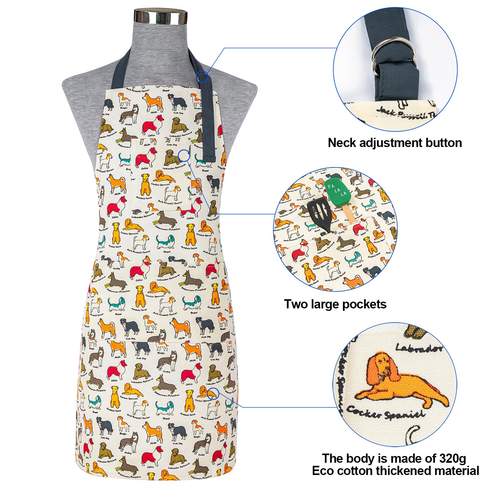 alselo delantal-chef-ajuste-cuello-diseno-perro-flor cuello regulable para talla cómoda
