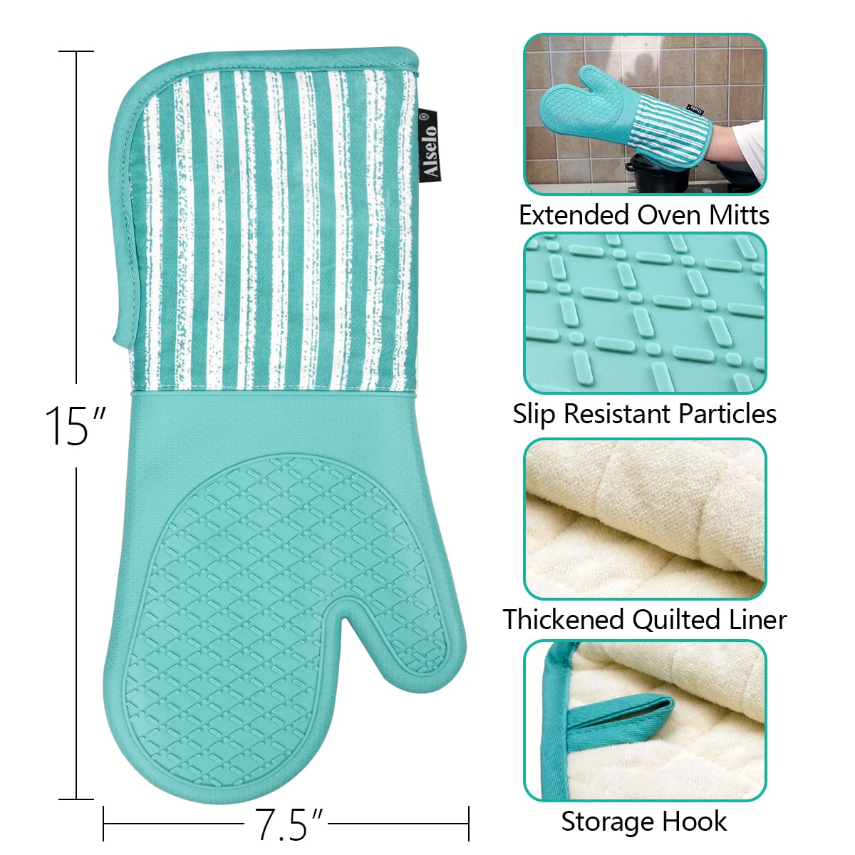 Guantes Alselo para horno largos de 15 pulgadas, protección extendida durante horneado.