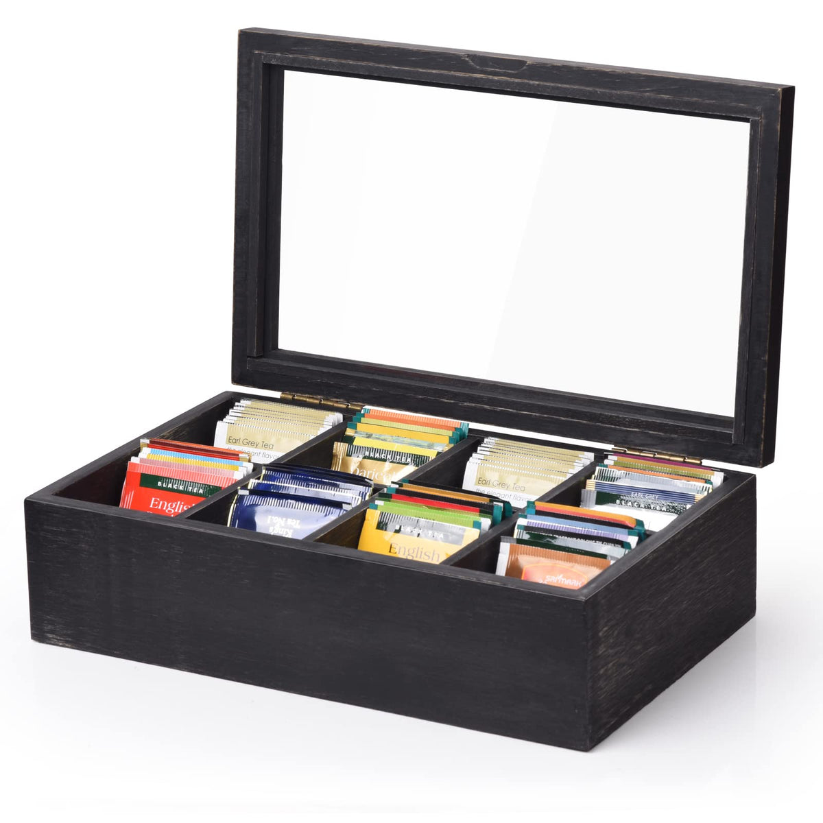 Caja de té Alsonerbay madera 8 compartimentos con ventana de vidrio para ver sabores y organizar
