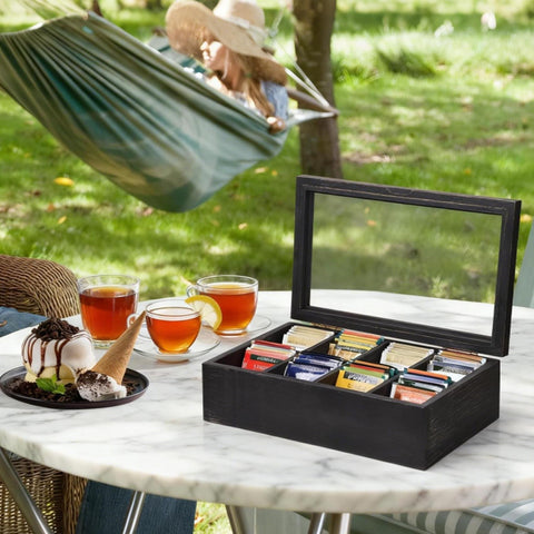 Frente de vidrio en caja de té Alsonerbay con acabado oxidado negro para ver contenido