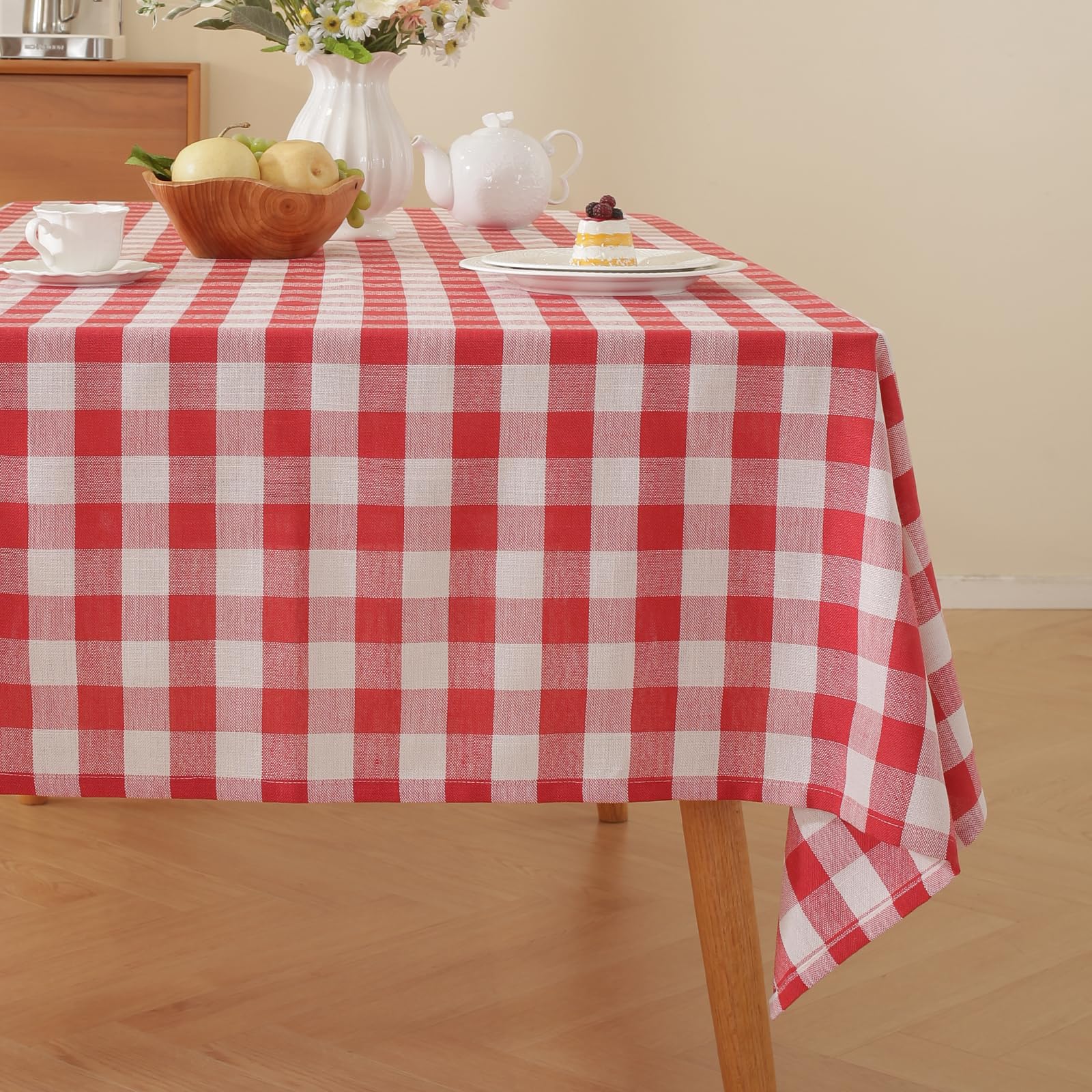 Mantel Alsoo a cuadros rojo y blanco, vista superior, estilo clásico para uso diario.