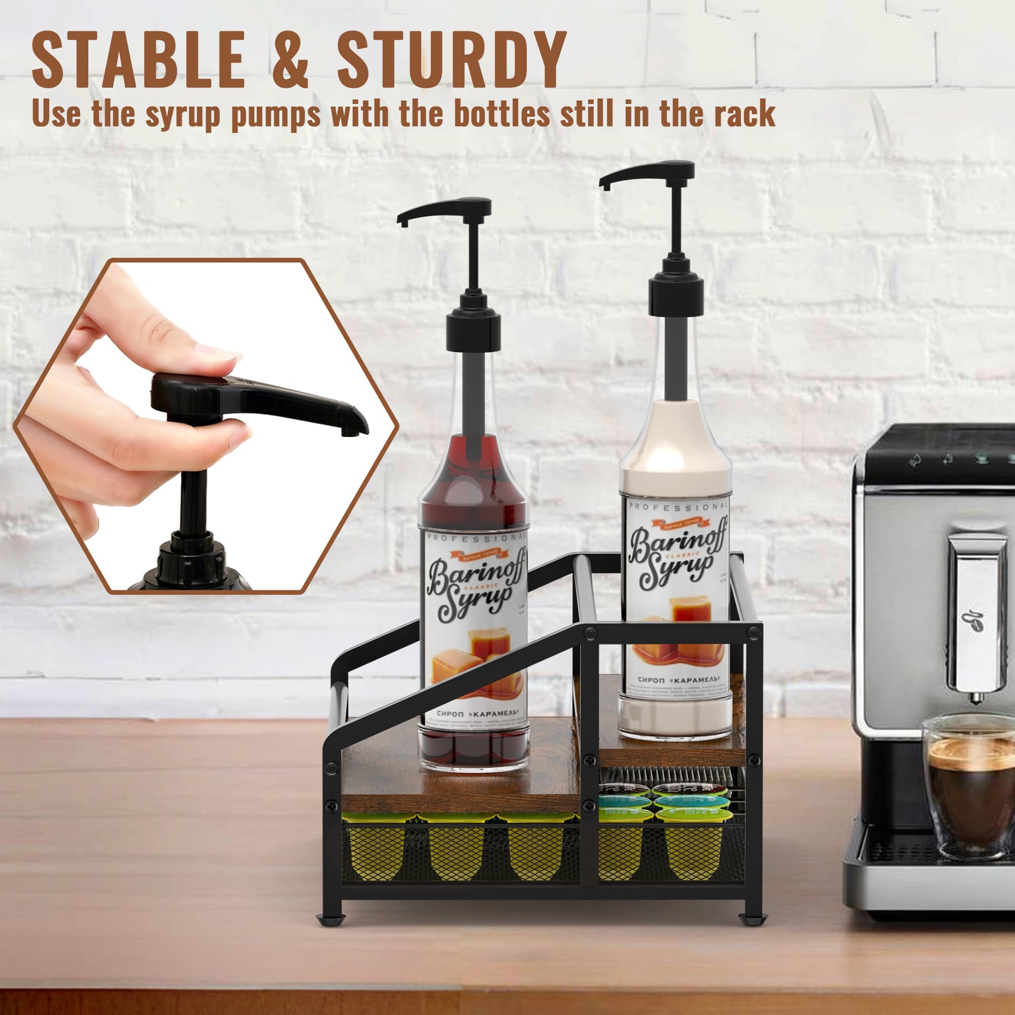 Alyoen estante para barista en mostrador, mantiene botellas seguras.