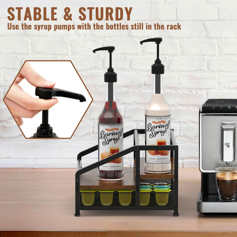 Alyoen estante para barista en mostrador, mantiene botellas seguras.