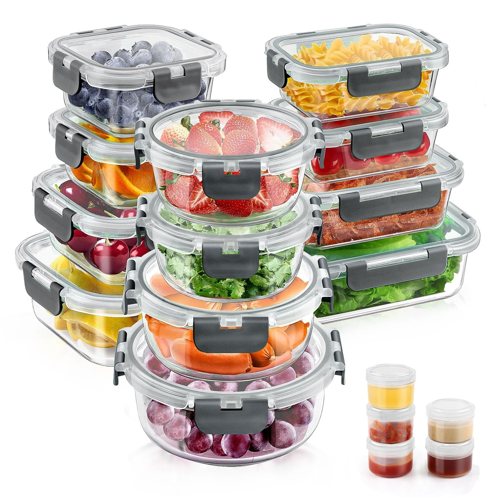 AMALEKO conjunto de 34 envases de cristal con tapas para almacenamiento seguro.