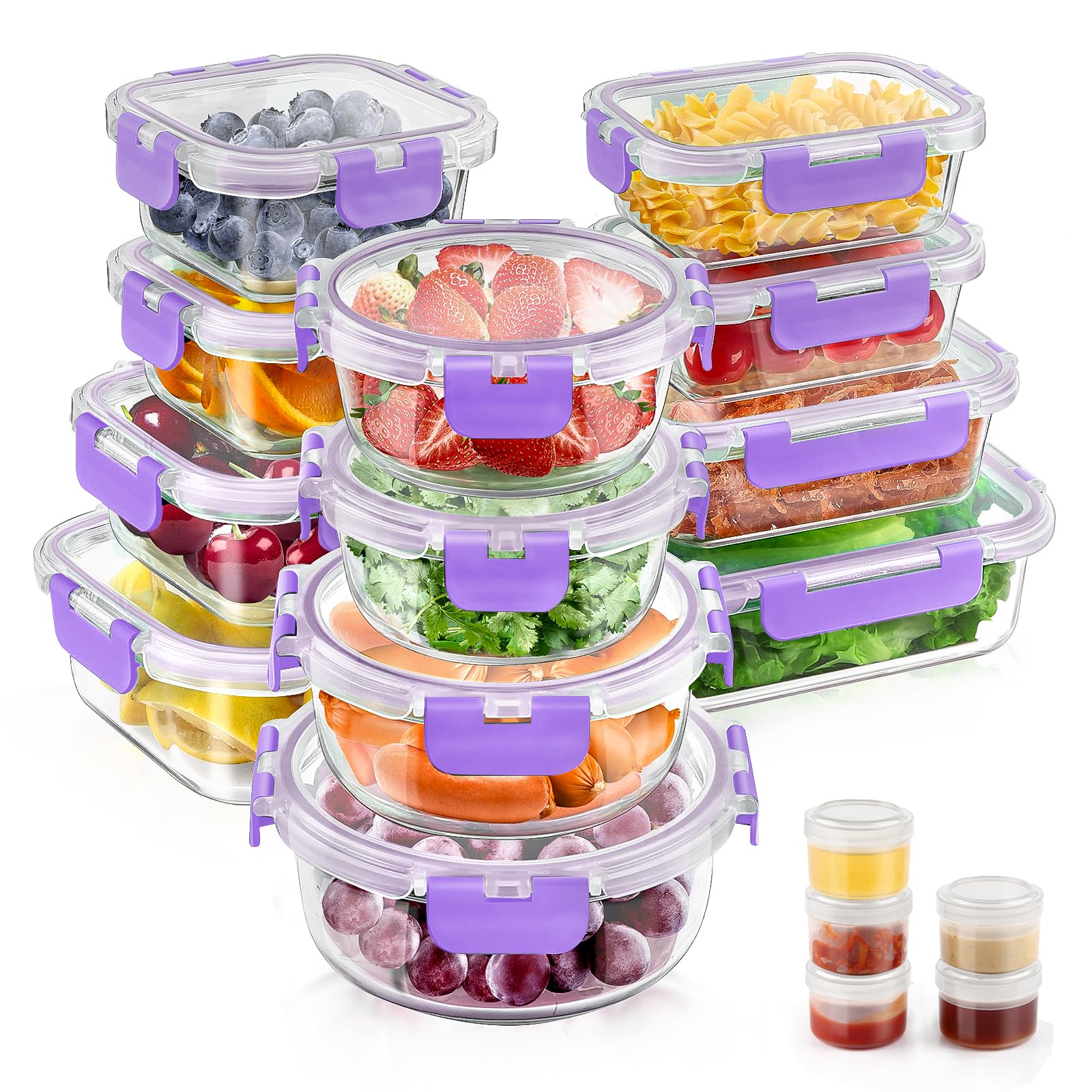 Conjunto AMALEKO de 34 recipientes de vidrio con tapas, ideal para almacenamiento seguro.