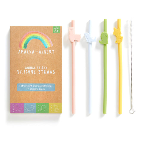 Pajitas de silicona Amalka Albert con dinosaurio para beber.