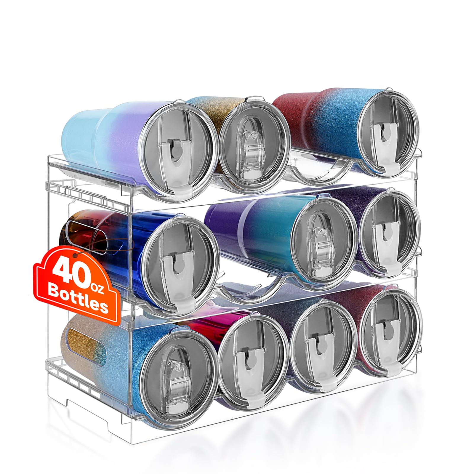 Amaoot organizador de botellas apilable, vista frontal, facilita acceso rápido desde la despensa.