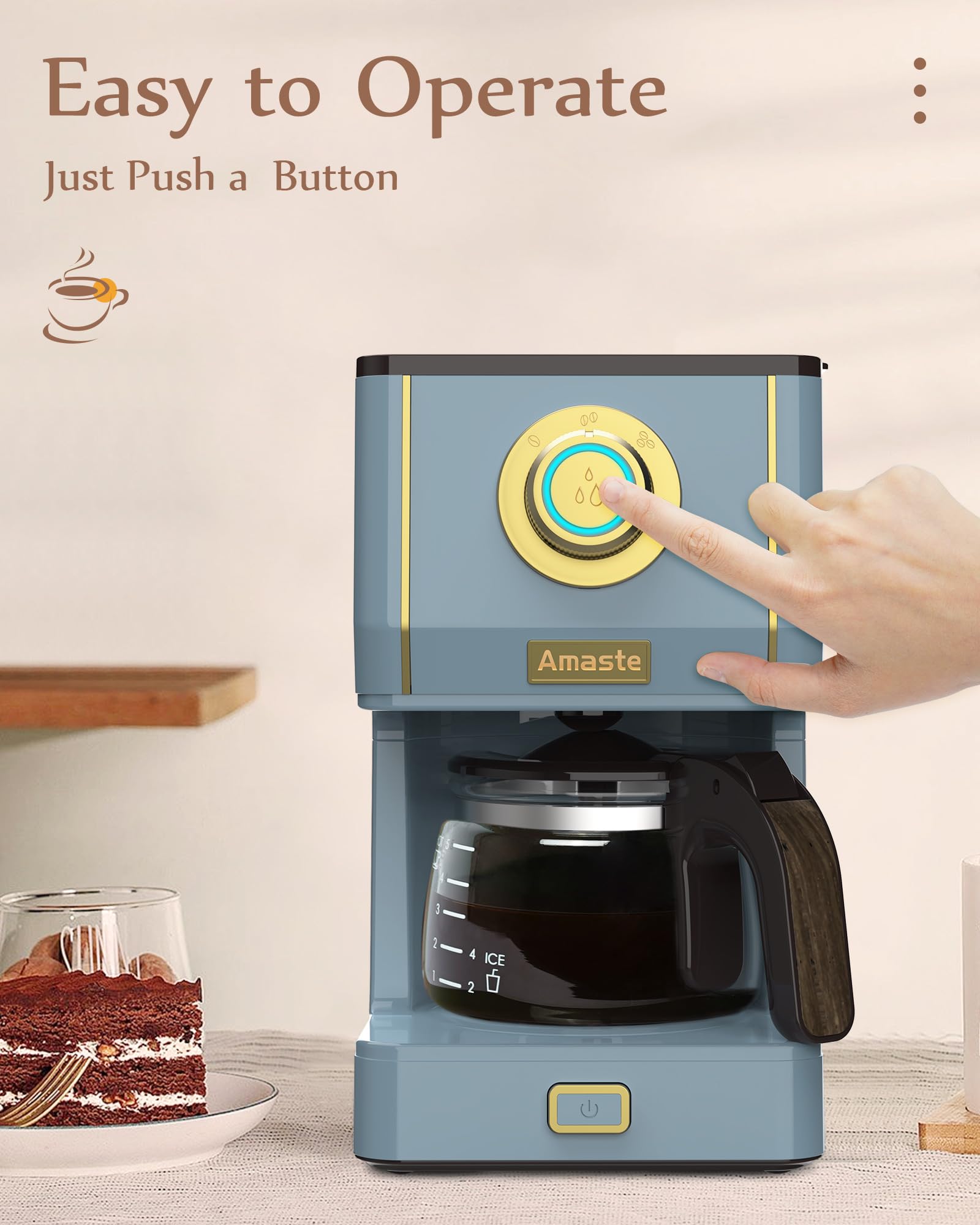 Acabado azul ceniza de la cafetera Amaste aporta estilo retro moderno.