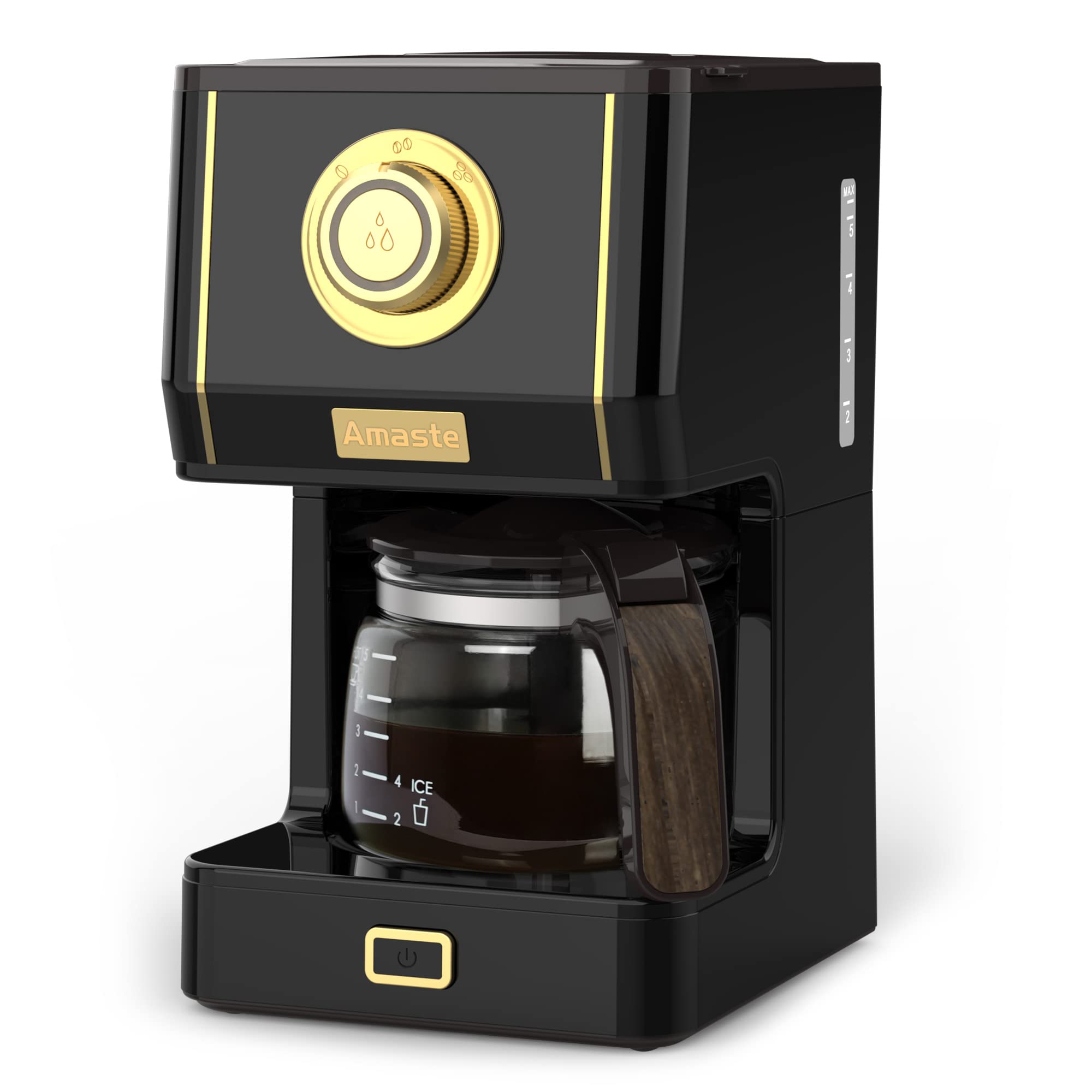 Cafetera Amaste retro con jarra de cristal, vertido limpio y elegante.